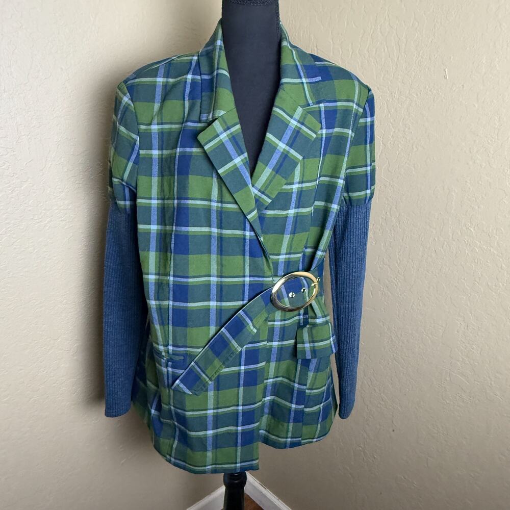 WEWOREWHAT Plaid Belted Blazer Jacket Large Green Blue Rib Sleeve Lined
